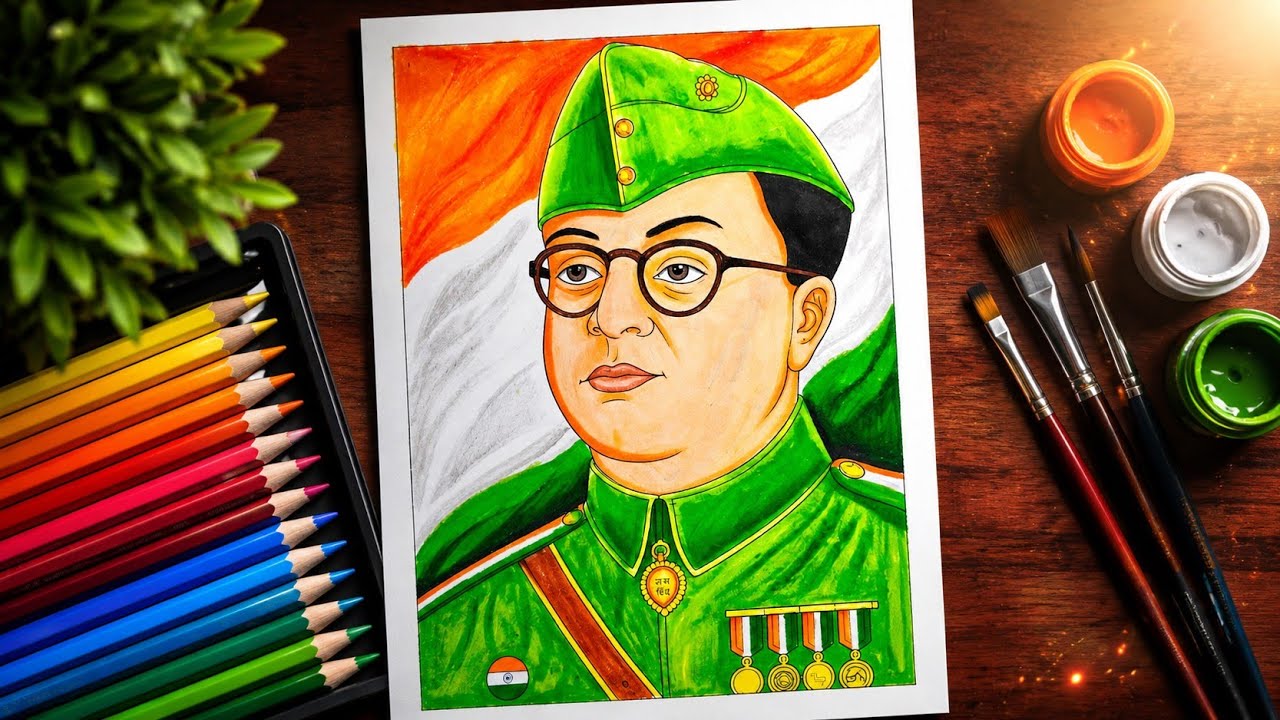 🇮🇳 Independence Day, Netaji Subhas Chandra Bose Drawing | Easy Oil Pastel Tutorial | 15 August 2026