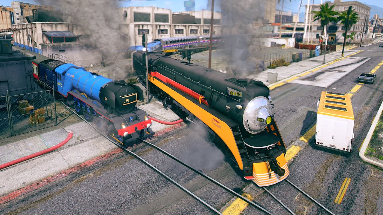 SP DAYLIGHT 4413 meets BIG BOY, FLYING SCOTSMAN, CSX, BNSF and AMTRAK Trains! - Grand Theft Auto V