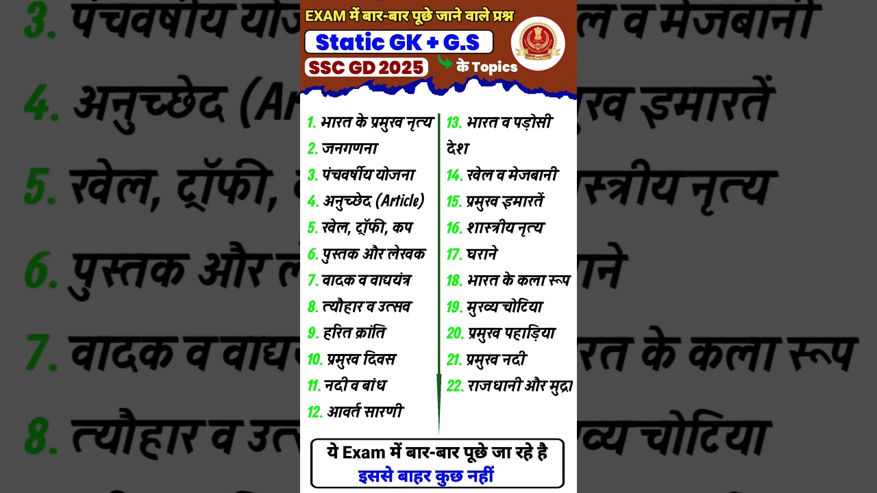 SSC GD 2025 | Very Very Important Topics | Static GK and G.S Topics #ssc #gd