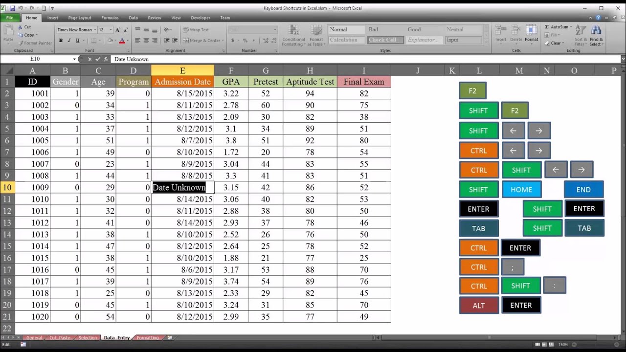 Data Entry Keyboard Shortcuts in Excel
