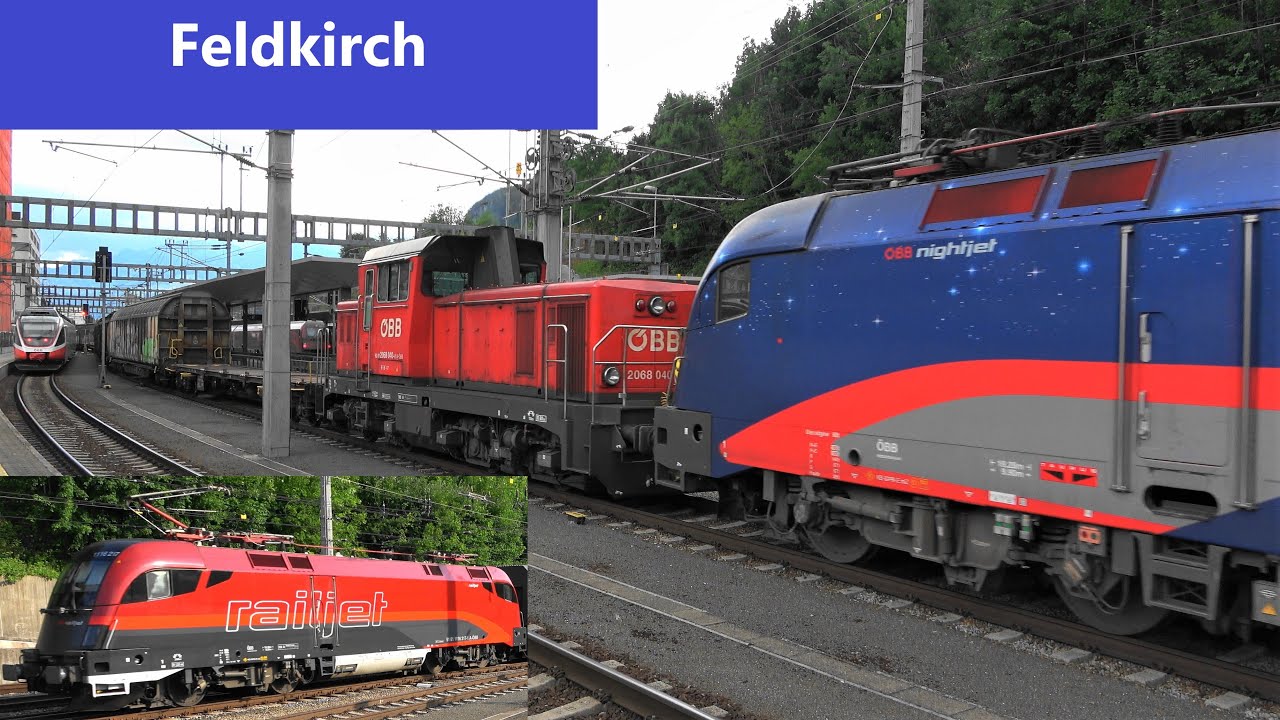 Bahnhof Feldkirch: Bunter Bahnverkehr mit NightJet-Lok, Railjet, Güterzügen, Dosto, Talent1