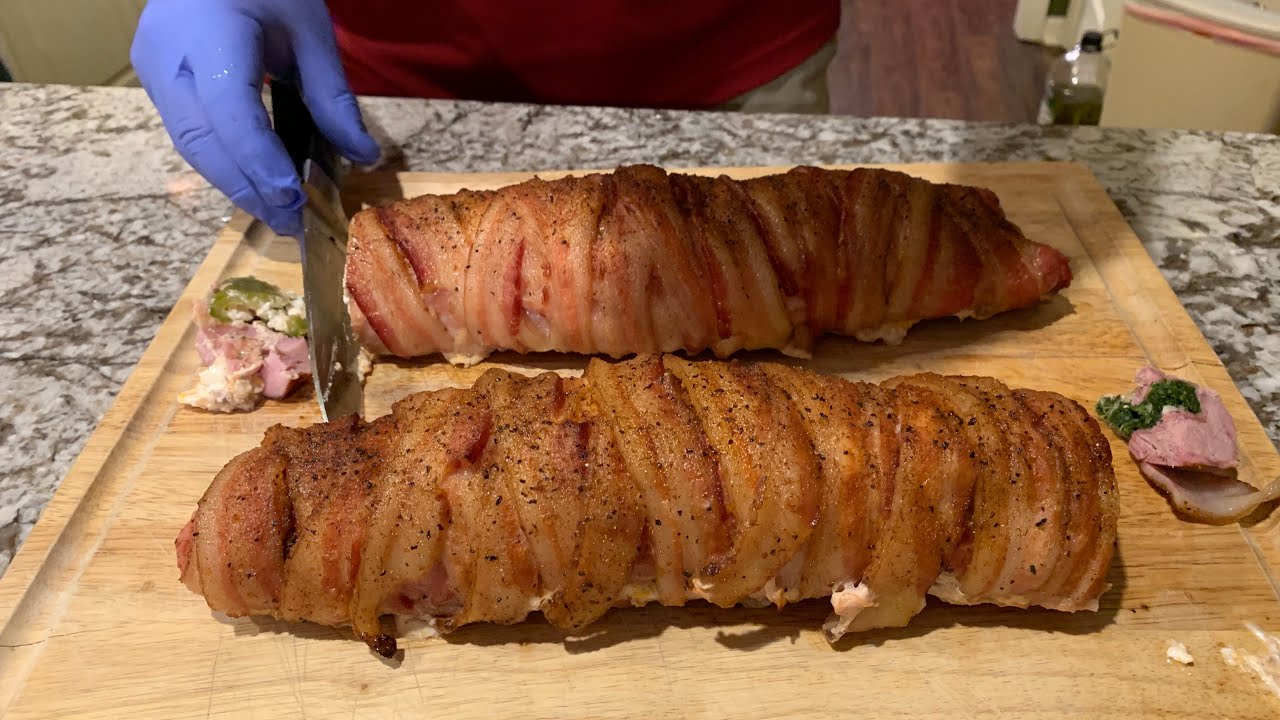 Smoked Pork Tenderloin Stuffed with jalapeños and cream cheese and spinach and provolone