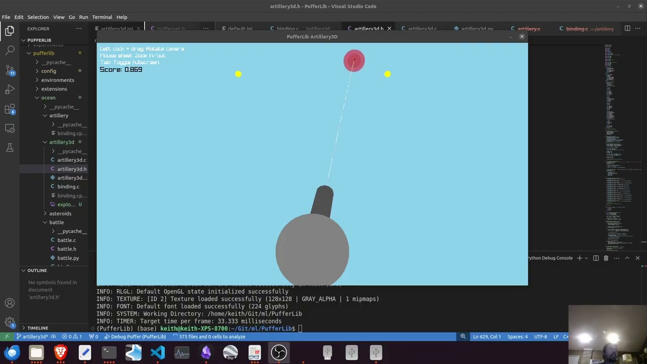 RL Anti Drone Canon Simulation w/ PufferLib - Multi Drone Soon