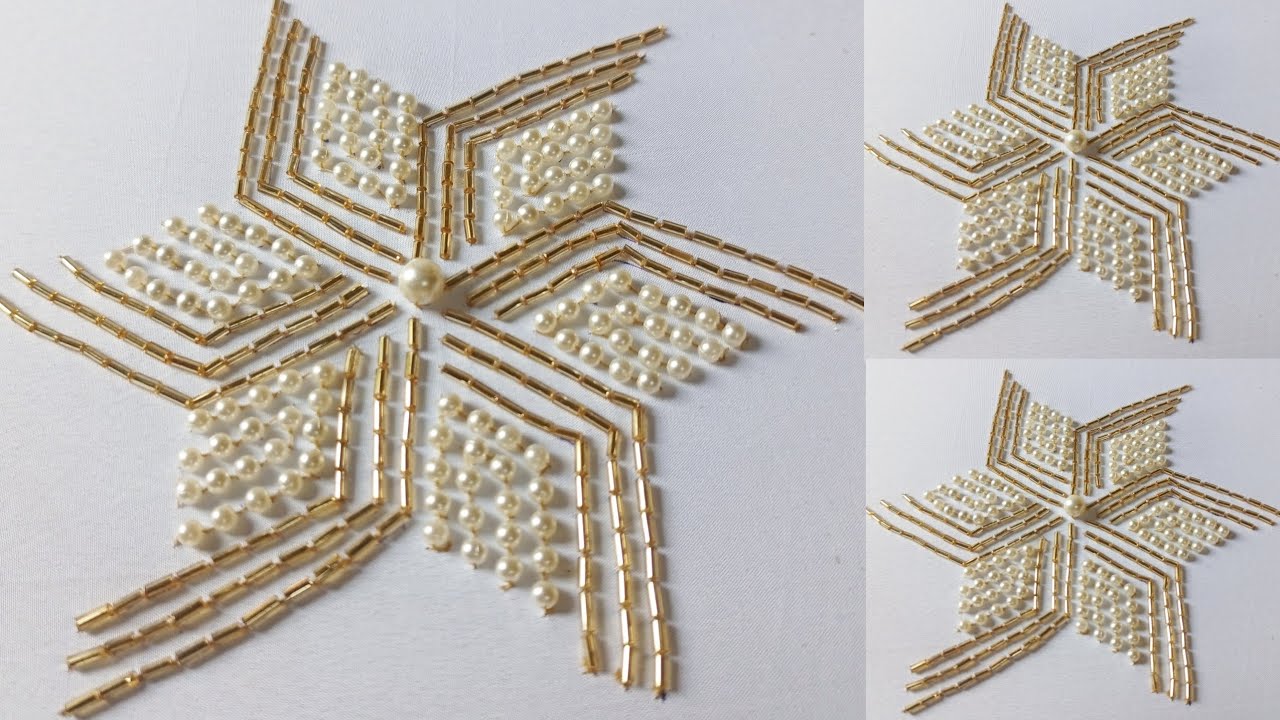 Aari work flower design banane ka tarika needle se white Moti Golden sali se