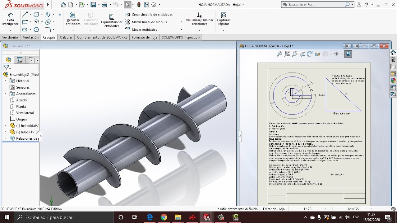 Como realizar las aspas de un transportador helicoidal en SolidWorks con formulas