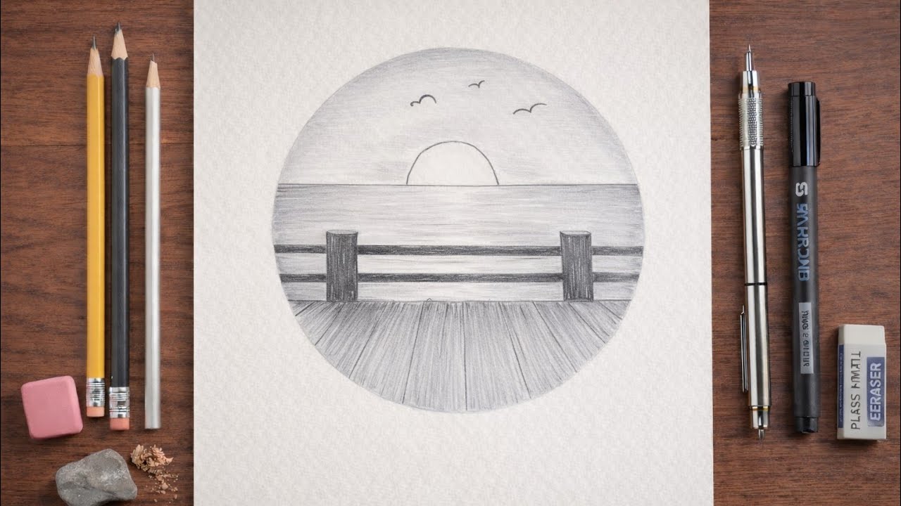 Easy Scenery Drawing in Circle | How to Draw Easy Circle Drawing Step by Step