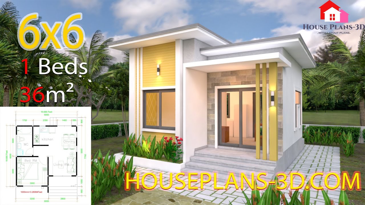 Small House Plans 6x6 Meters with One Bedroom Flat Roof 20x20 Feet