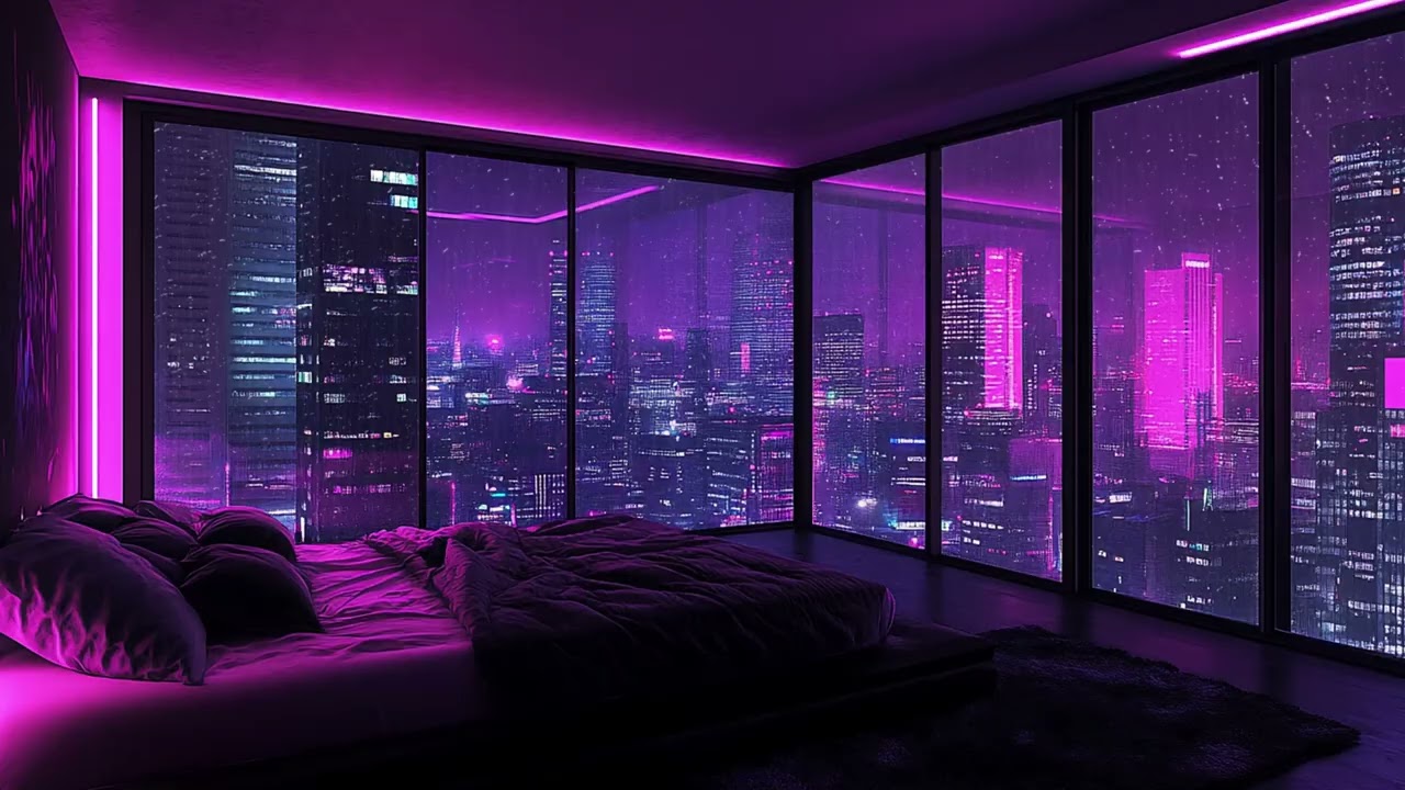 Heavy Rain Outside a Modern Skyline Bedroom | Glowing City Lights at Dusk | Deep Sleep Relaxation