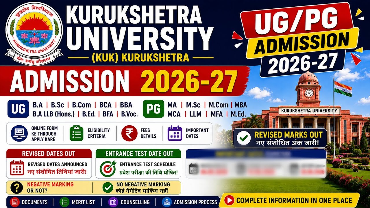 Revised Kurukshetra University Regular Admission 2026|UG/PG admission 2026, Entrance test dates 2026