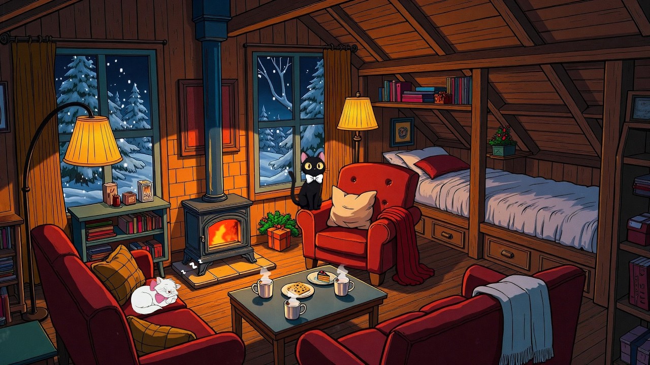 1940s cozy winter night by the fireplace with vintage oldies playing in another room