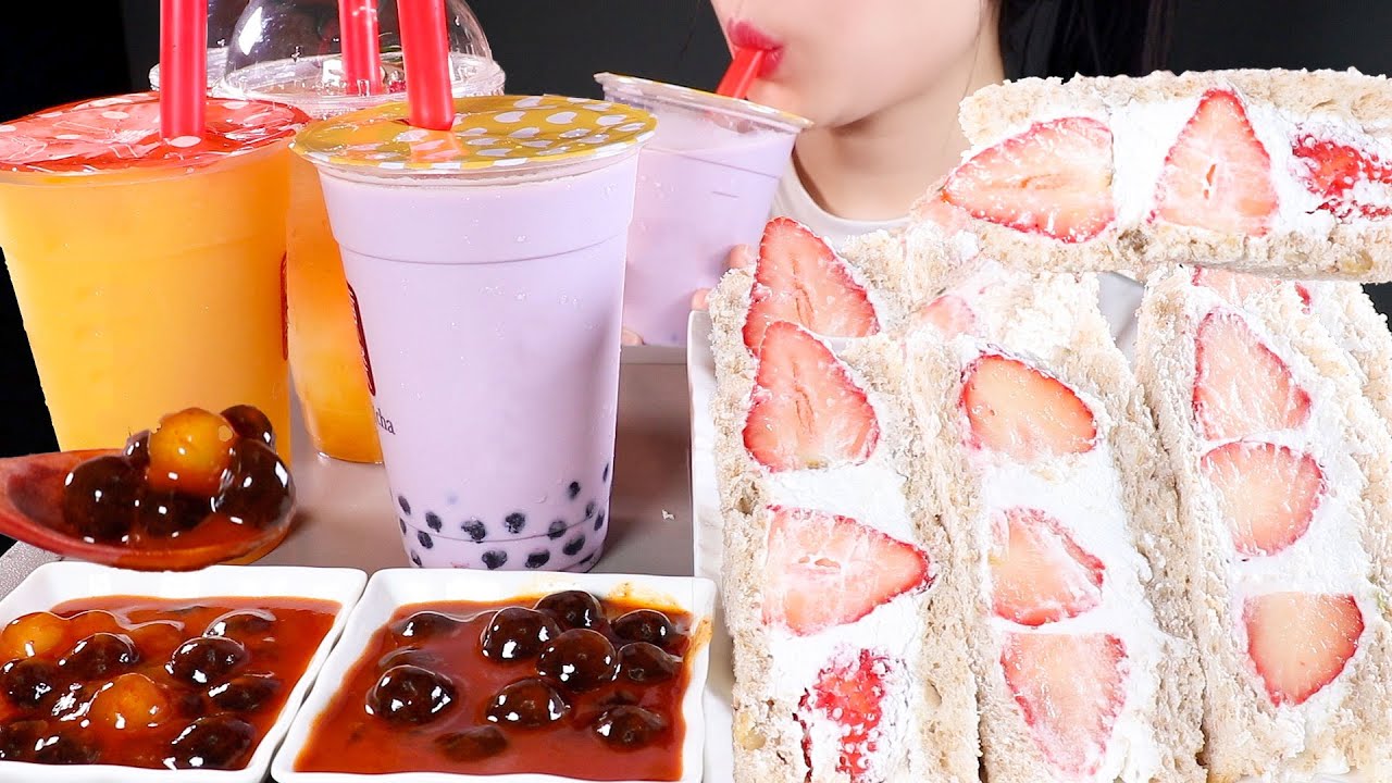 ASMR 버블티, 펄볶이, 딸기 생크림 샌드위치 먹방 | Bubble Tea, Pearl-bokki, Strawberry Cream Sandwich | Mukbang