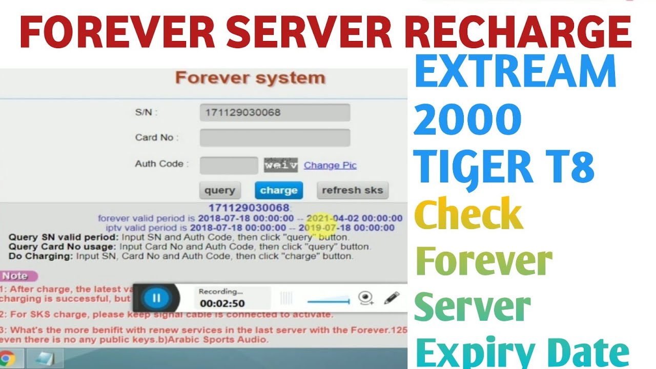 How to Recharge Forever Server | tpoentrance.cc | Starsat Extream 2000 | Tiger T8 | Extream 2000