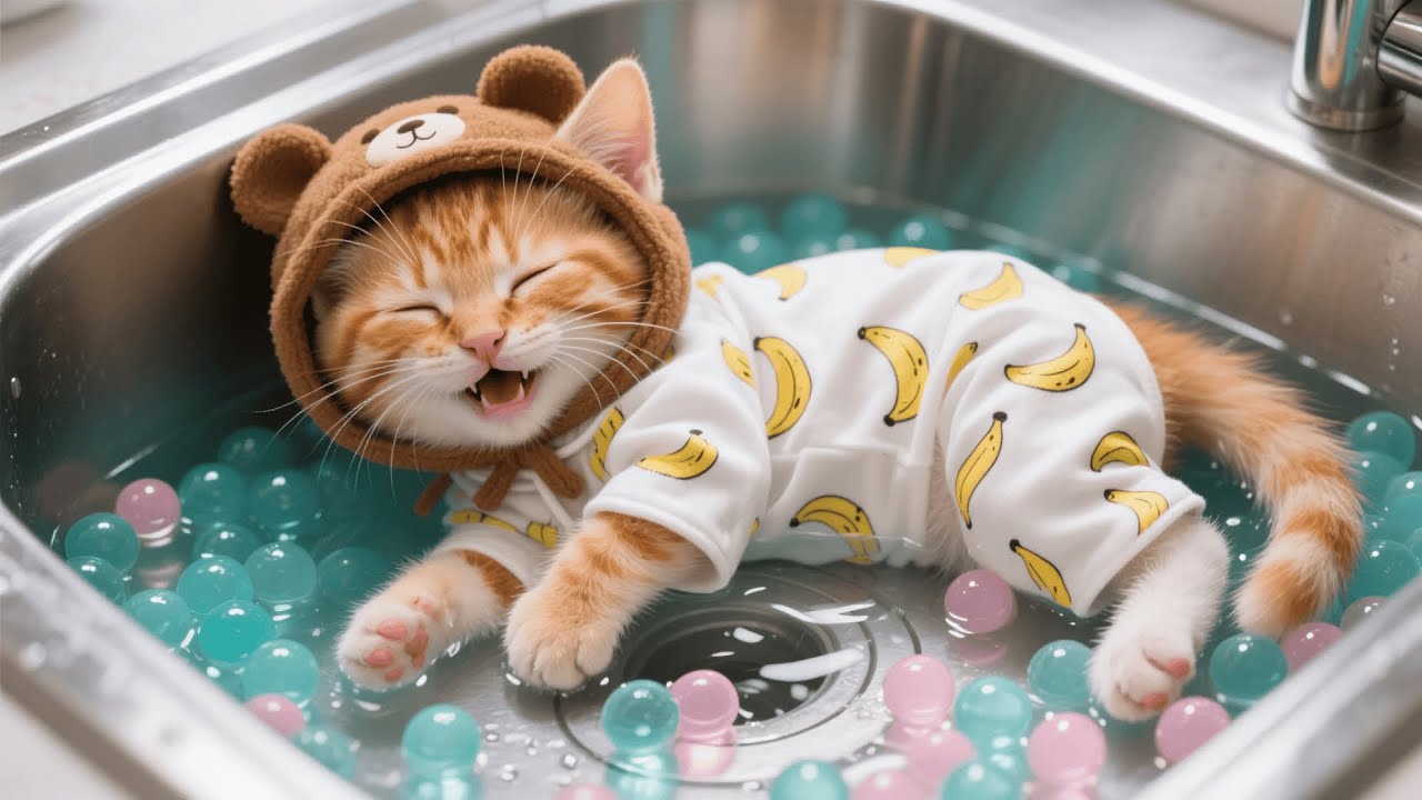 Ginger Kitten Makes a Pool with Water Beads — Mama Cat Teaches He Their Real Purpose 💧🐱