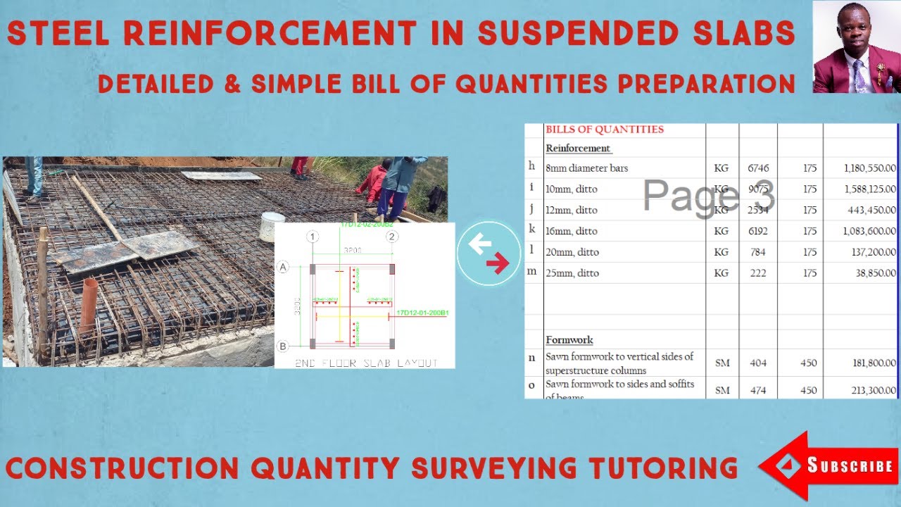 STEEL REINFORCEMENT IN SUSPENDED SLAB TAKING OFF DETAILED //Bill of Quantities in Construction