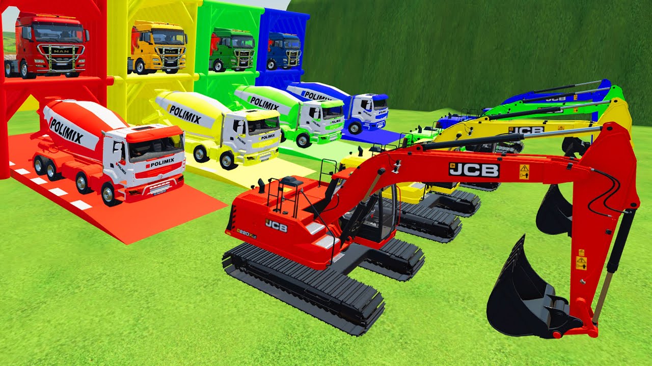 ALL COLORFUL EXCAVATOR, POLIMIX MIXER TRUCK TRANSPORTING TO GARAGE WITH FLATBED TRAILER TRUCK