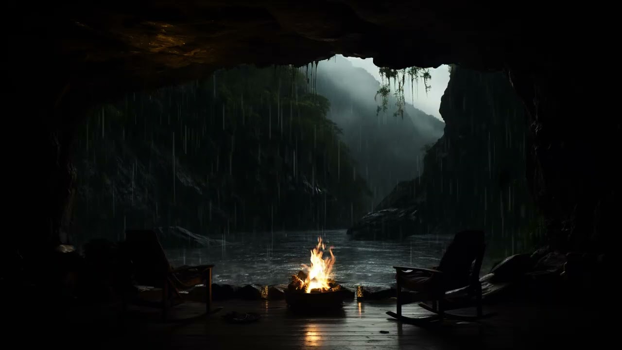 Rain Sounds on Cave at Night Ambience | Rain and Fireplace Sounds for Sleep, Relax and Healing Soul