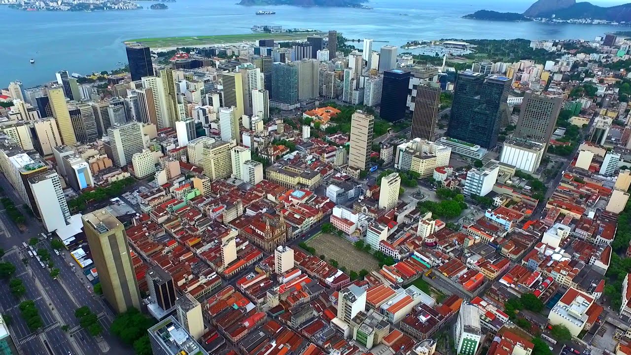 Stunning drone flyover over Rio de Janeiro, old city area, in Brazil.  riodejaneiro