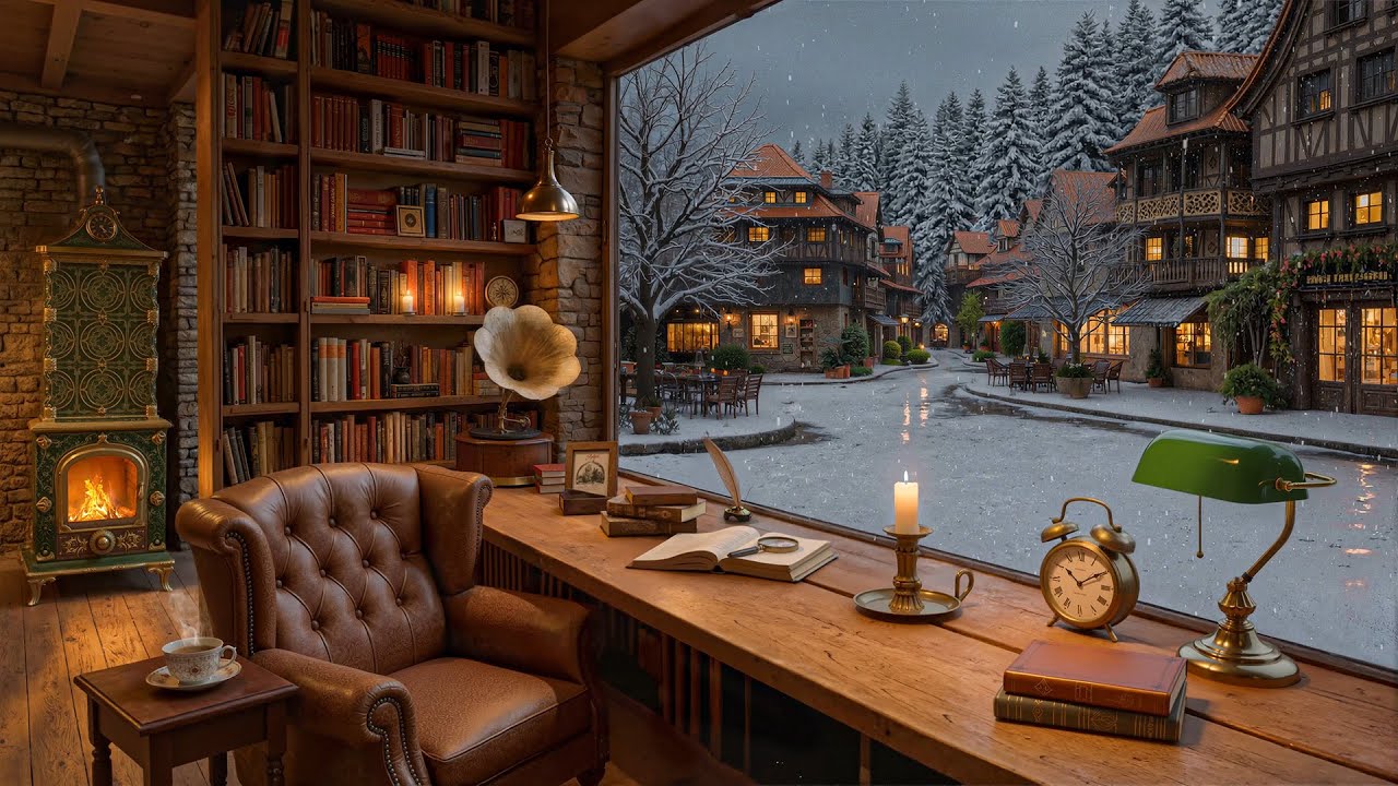 Relaxing Jazz for Winter Calm – Warm Jazz in a Cozy Wooden Library with Fireplace and Snowy Village