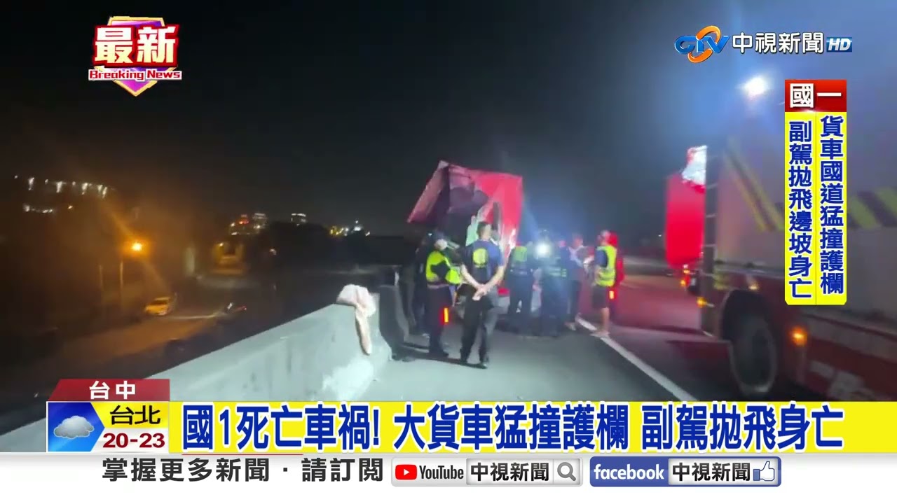 國1死亡車禍! 大貨車猛撞護欄 副駕拋飛身亡│中視新聞 20251122