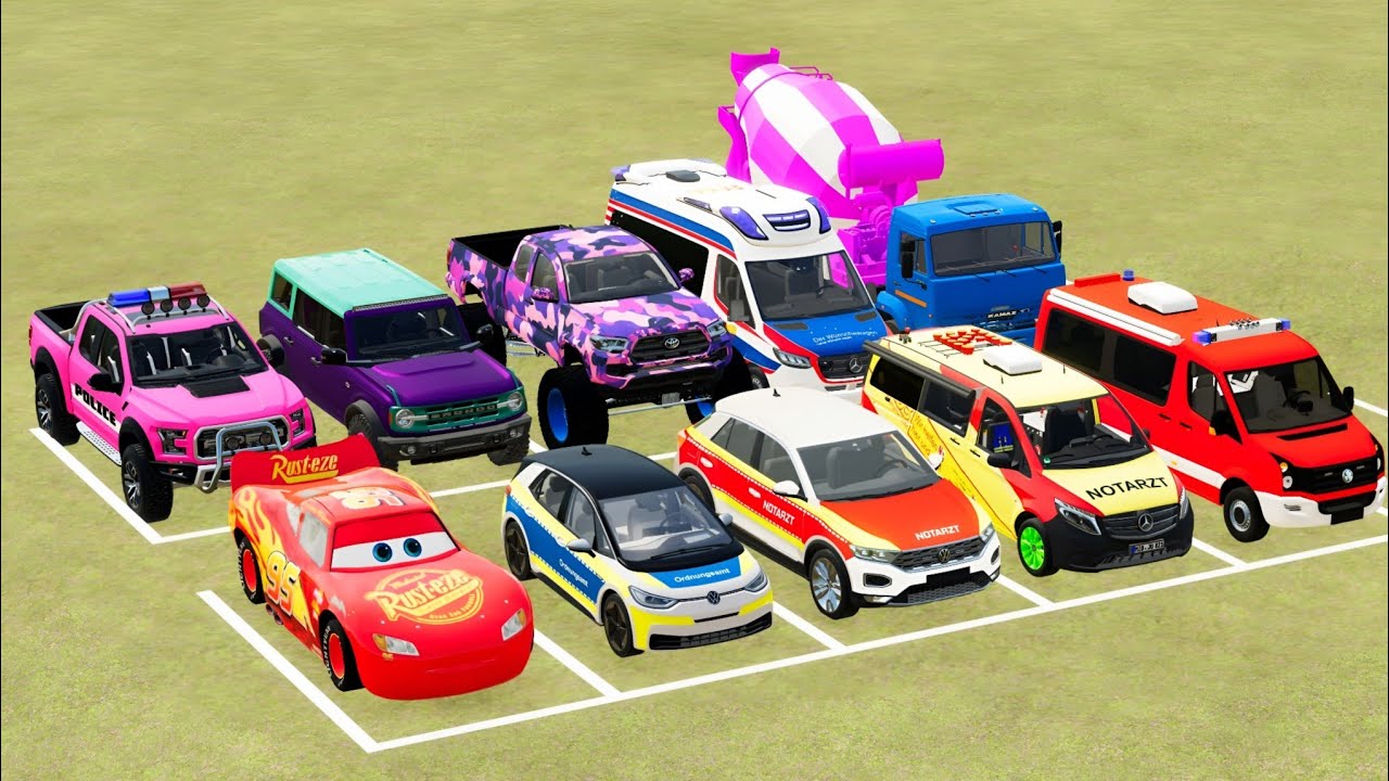 GO GO MCQUEEN COLORFULL, ALL CAR, MIXER TRUCK, DACIA POLICE CAR, AMBULANCE, FORD RAPTOR, #fs22 #771