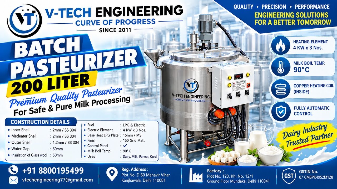 MILK BATCH PASTEURIZER LTLT 200 LITER. CONTACT+91 8800195499 EMAIL ID : vtechengineering77@gmail.com