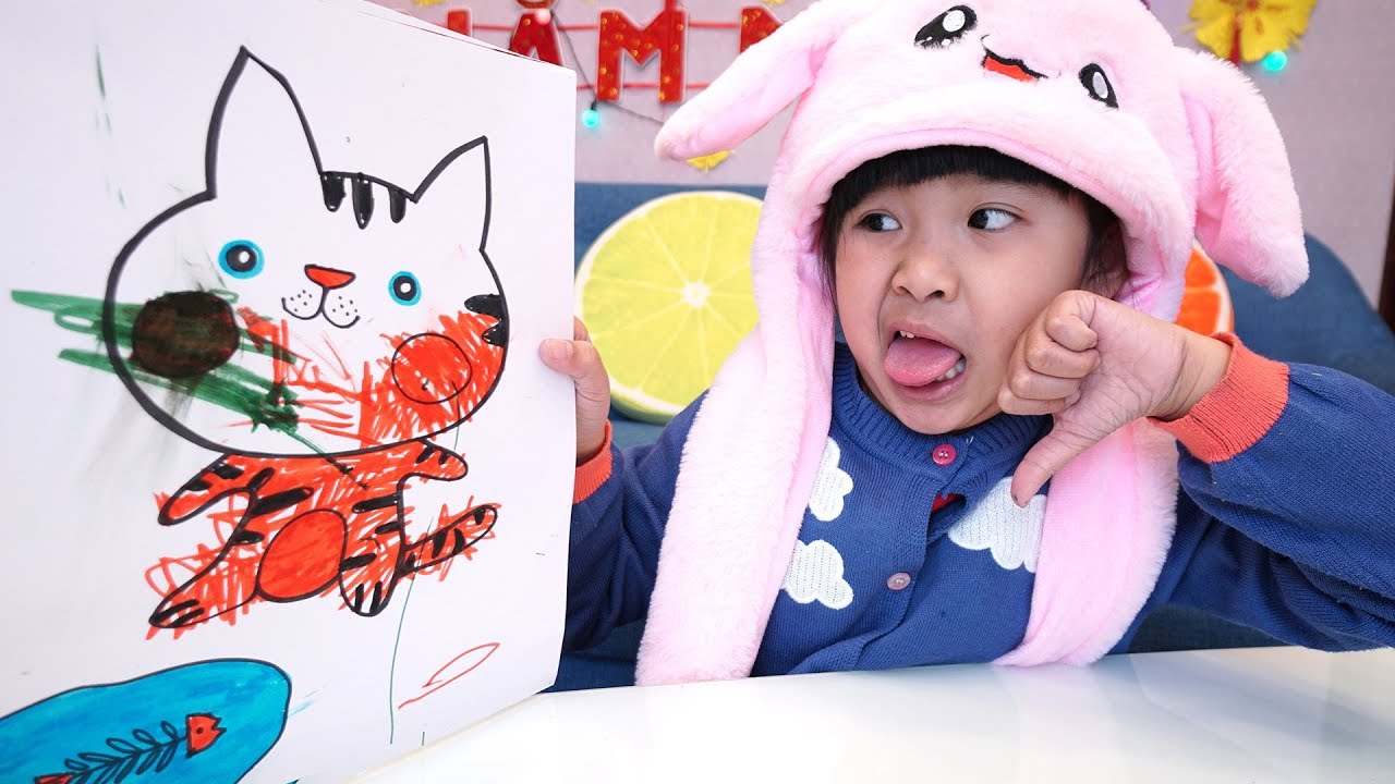 Bé Bún Tô Màu Con Mèo – Bé Bắp Tô Màu Xấu Quá | Coloring A Cat