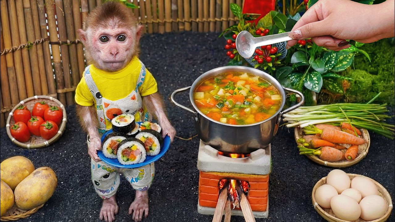 Sister harvests carrot and tomato to make gimbap for baby monkey Xuka