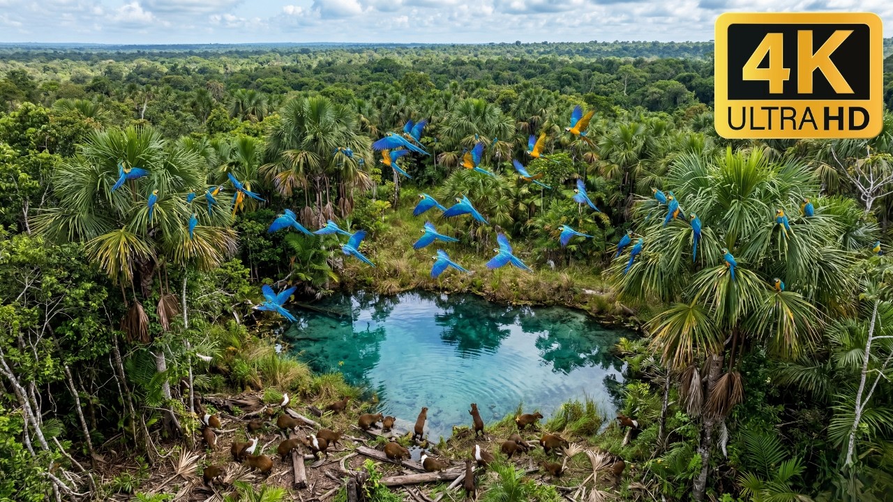 Relaxing Walk in the Amazon Pristine Palm Clearing Blue and Yellow Macaws & Agoutis  No Music