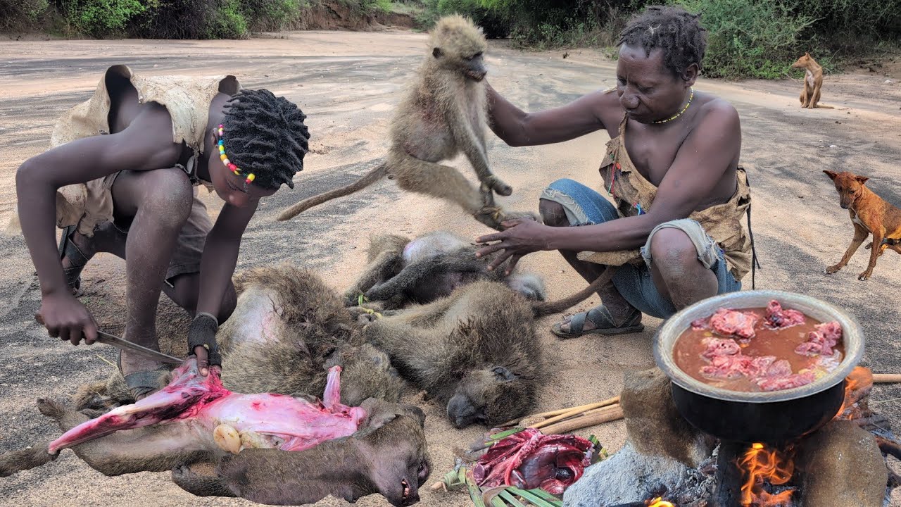 Hadza hunt and cooking meat Lunch.