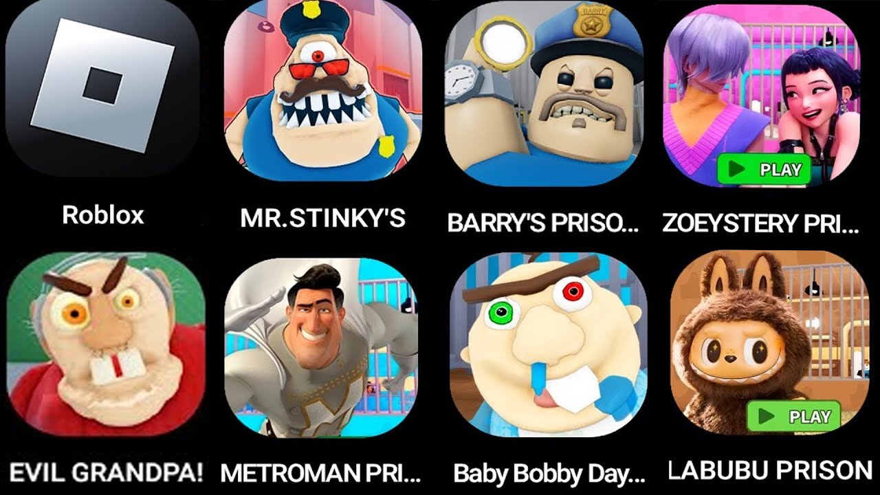 ROBLOX MR. STINKY'S,BARRY'S PRISON,ZOEYSTERY PRISON,ESCAPE EVIL GRANDPA!,METROMAN PRISON RUN,..