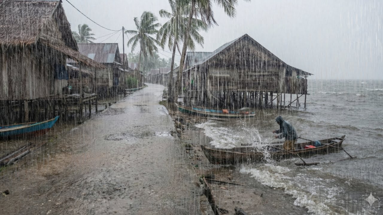 walking in the middle of heavy rain in an Indonesian fishing village | fishermen drenched in rain