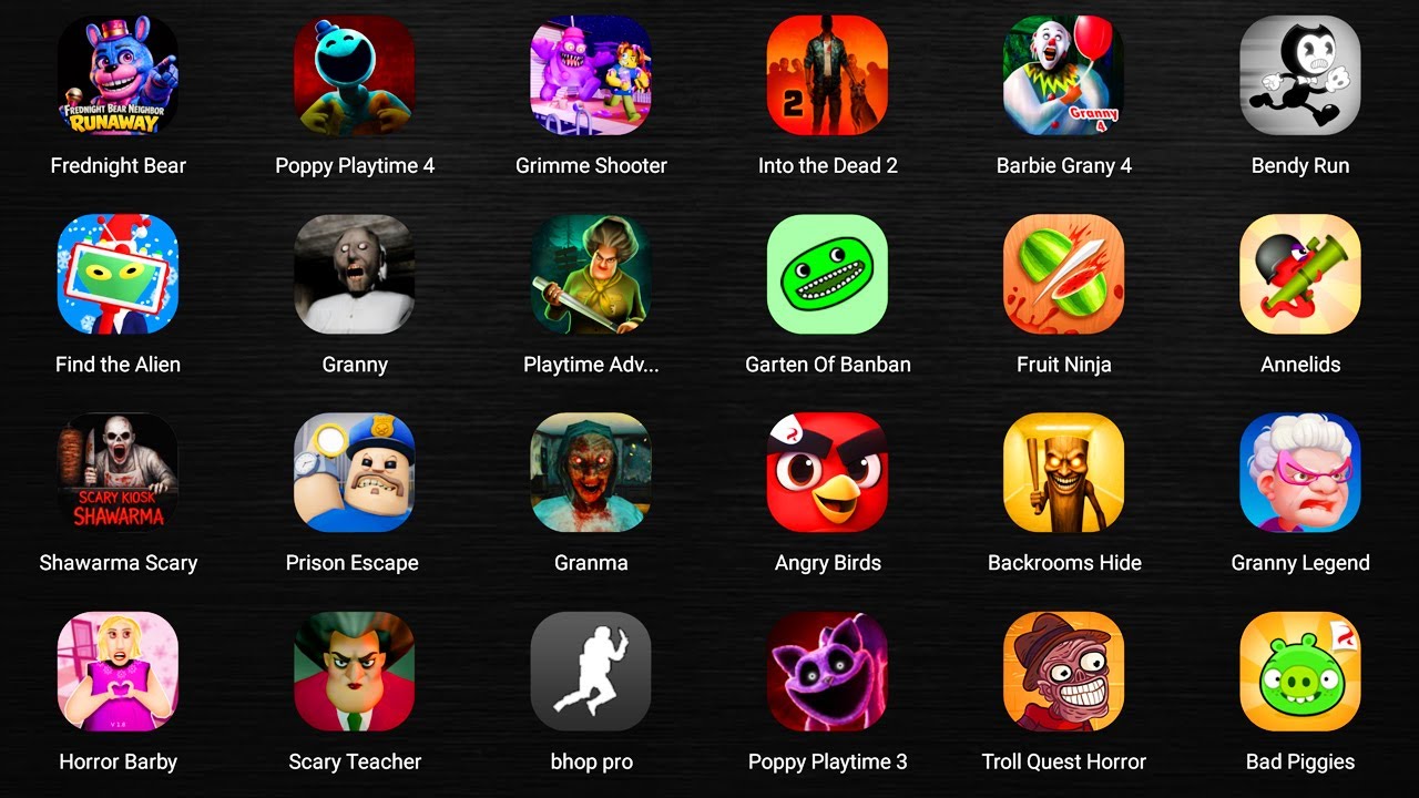 Roblox,Grumpy Gran,Bowmasters,Beach Buggy Racing,Police Head Family,The Baby in Yellow,Slendrina...