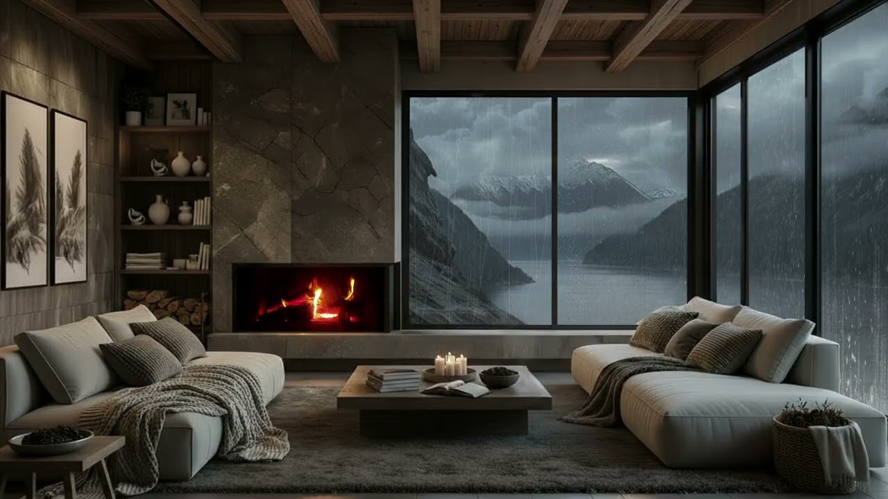Clifftop Ocean Home Fireplace | Luxury Cozy Cabin | Deep Sleep, Relaxing Storm Sounds (No Ads)