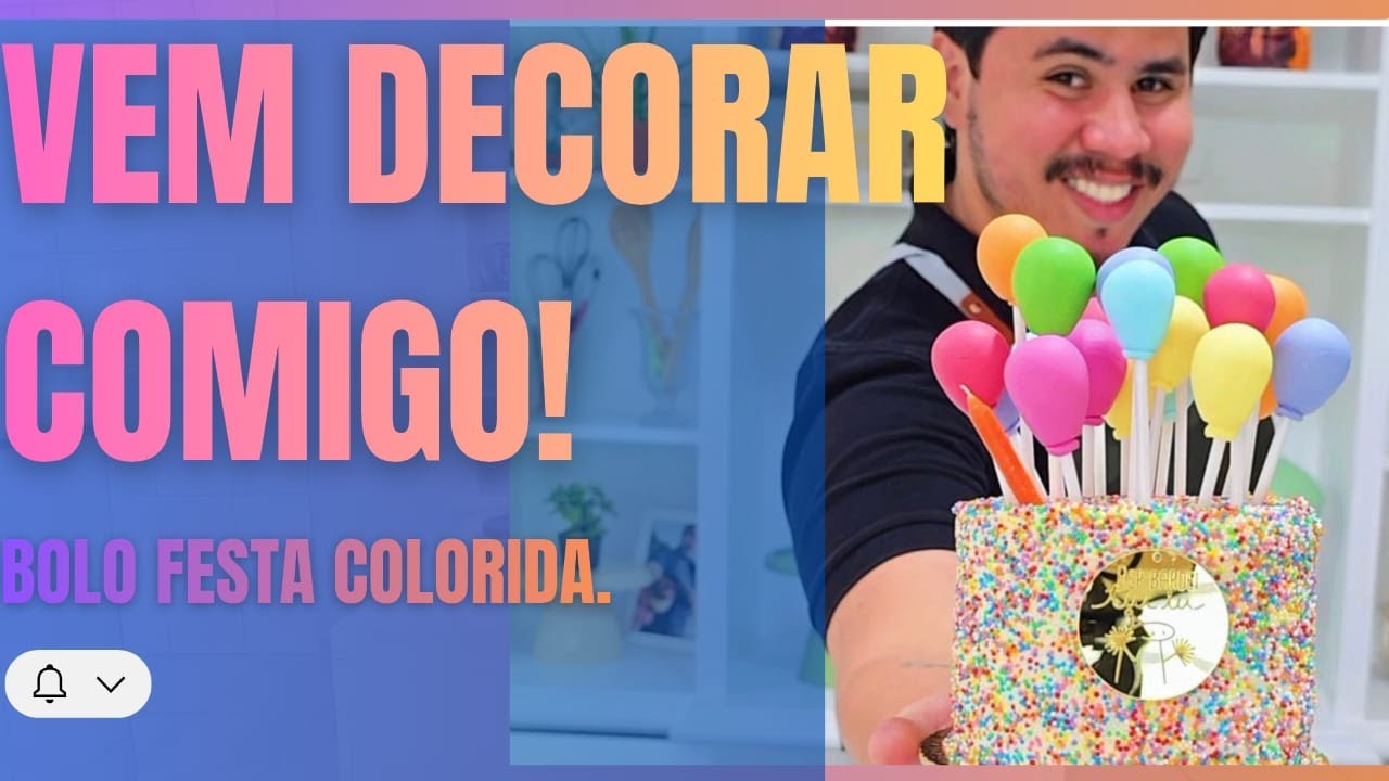 BOLO COLORIDO DECORADO COM BALÕES DE PASTA AMERICA.