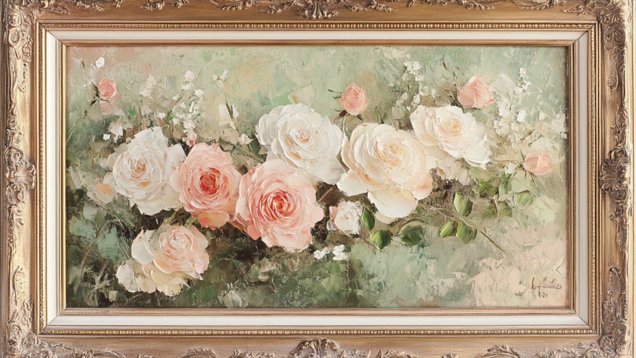 Gold Vintage Frame Wallpaper Art | Pretty Pink Watercolor Flowers Roses TV Display Screensaver HD