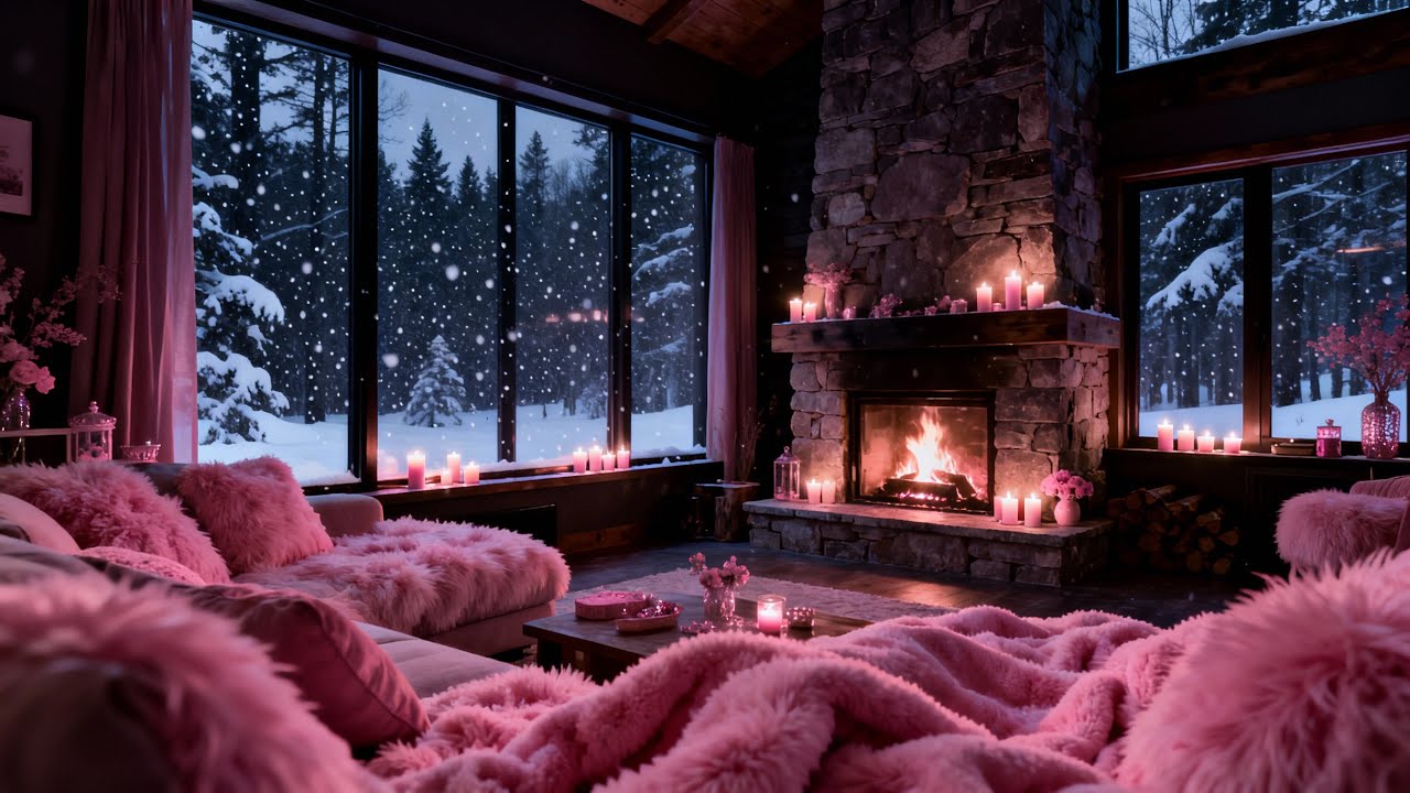 🎀❄️ Pink Winter Fireplace Ambience 🤍 Cozy Snowfall + Wind Sounds at Night 🔥