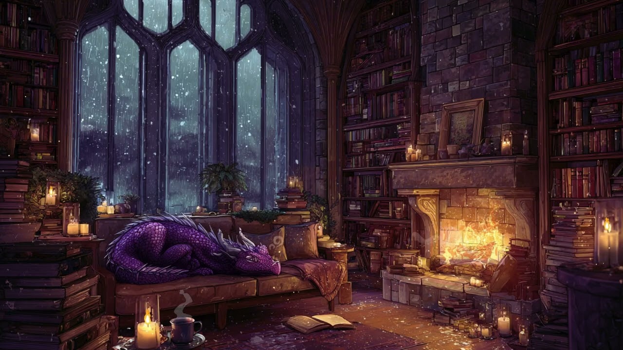 Dragon Library Ambience | 3 Hours of Cozy Fantasy Music | Fairy Lights, fireplace, night atmosphere