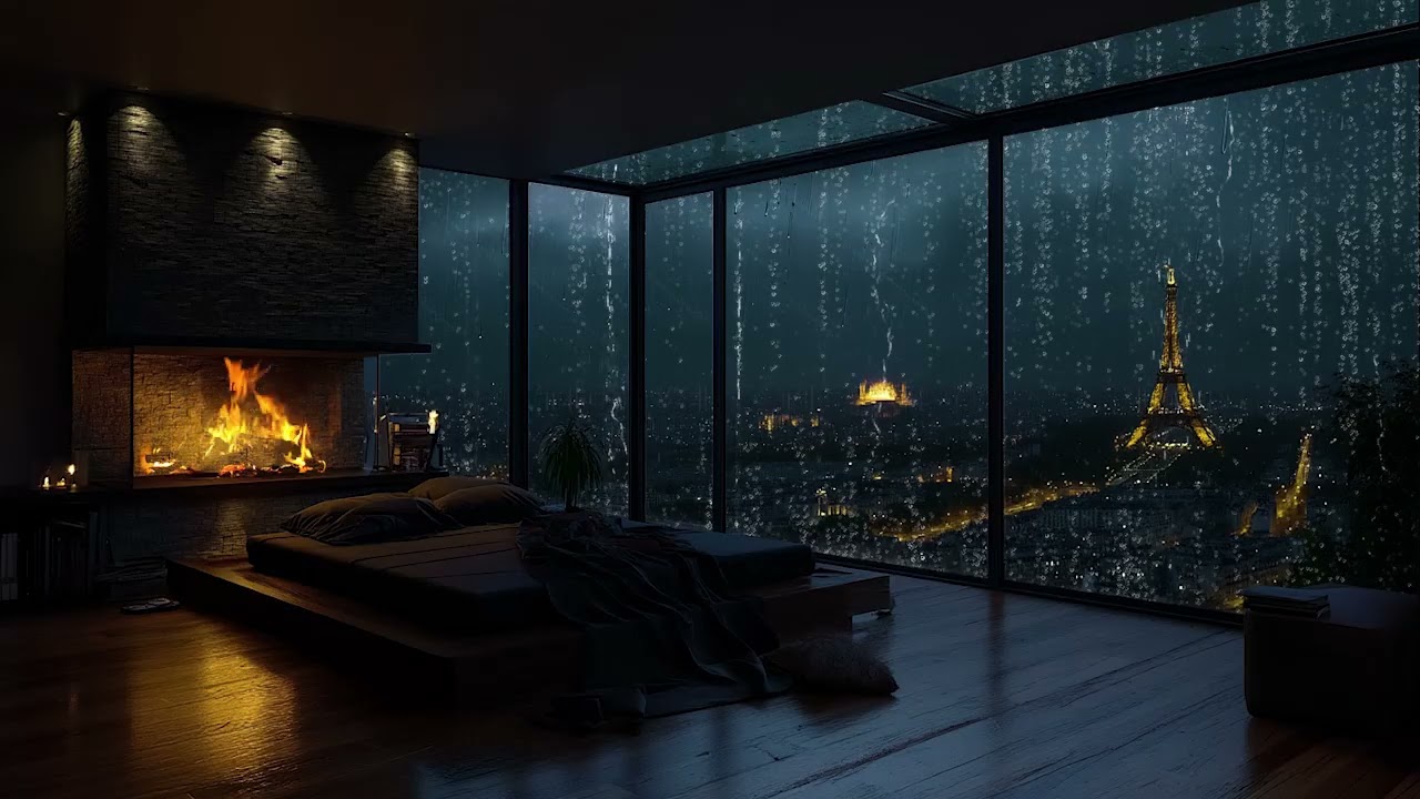 Dark Rainy London Night | Soothing Rain on Window & Fireplace Sounds