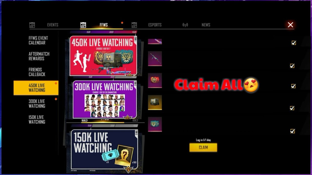 Claiming All Rewards From FreeFireWorldSeries 450k Live Watching Event
