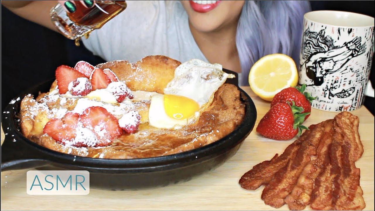 ASMR GIANT SAVAGE BREAKFAST SIZZLING Dutch Baby/German Pancake - BACON - [Eating Sounds] *No Talking