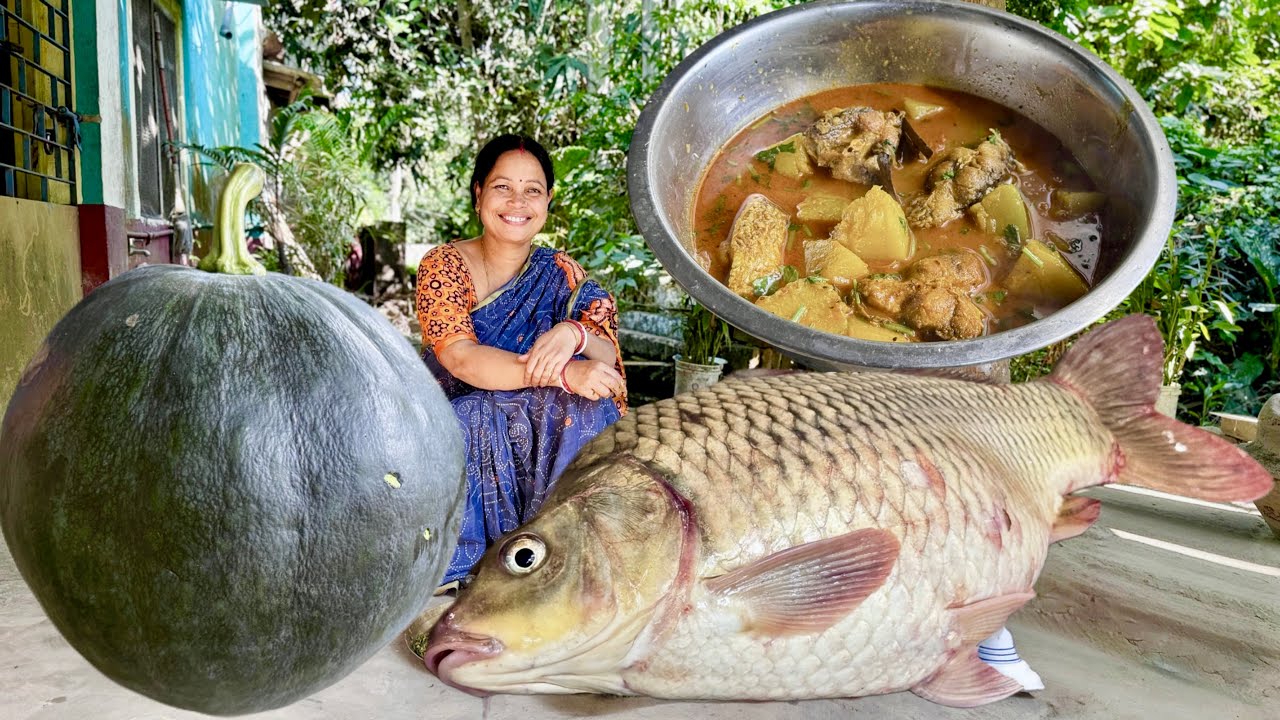 পুকুরের বড়ো সাইপিনাস মাছ দিয়ে কাঁচা কুমড়োর ঝোলটা খেতে দারুন লাগলো | Village Style Fish Recipe