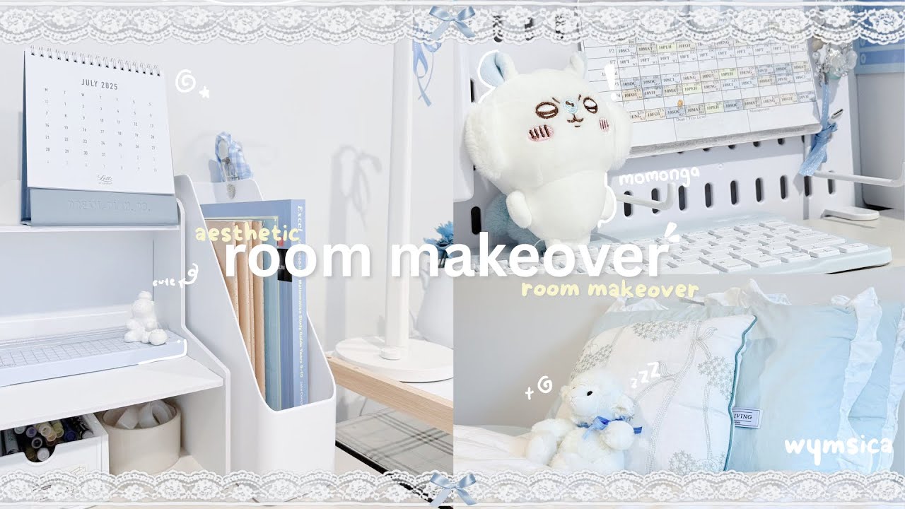 room makeover + desk🫧🎐| pegboard, blue, pinterest makeover, chikawa, sanrio, organising, aesthetic