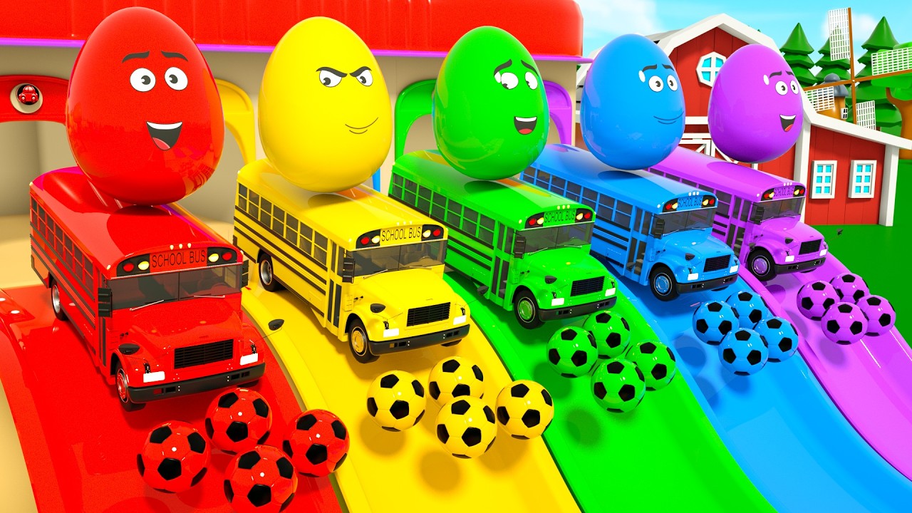 Giant Surprise Eggs & Color School Buses ⚽🌈 | Learn Colors for Kids | DuZoo Kids Songs