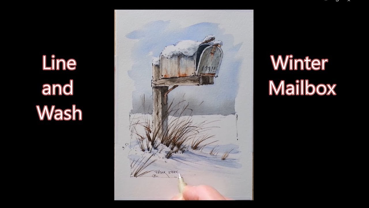 Paint a snow covered mailbox, Line and wash watercolor, Peter Sheeler