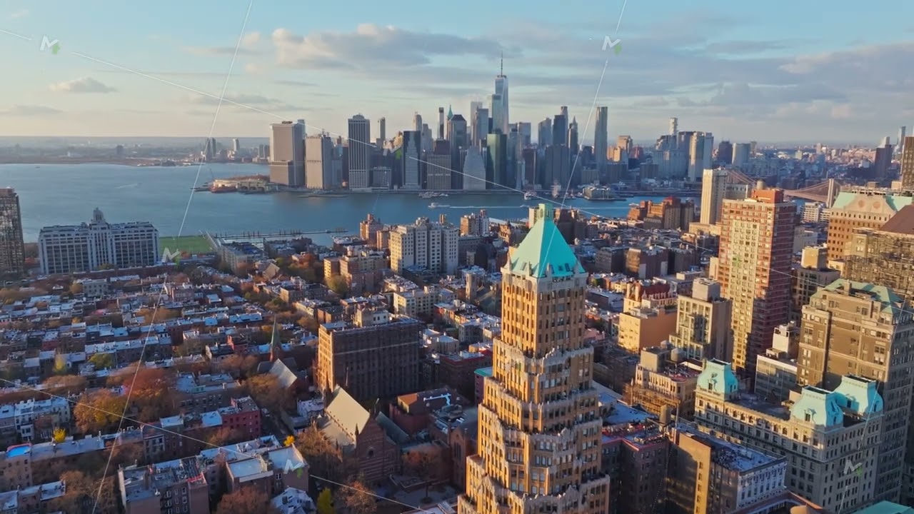 Brooklyn Heights aerial panorama displaying Lower Manhattan skyline, highlighting urban landscape