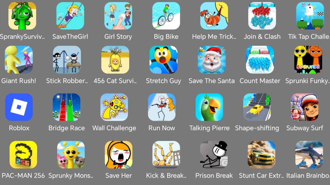 Spranky,Roblox,Save The Girl,Help me Tricky,Gaint Rush,Shape Shifting,Subway Surface,Girl story