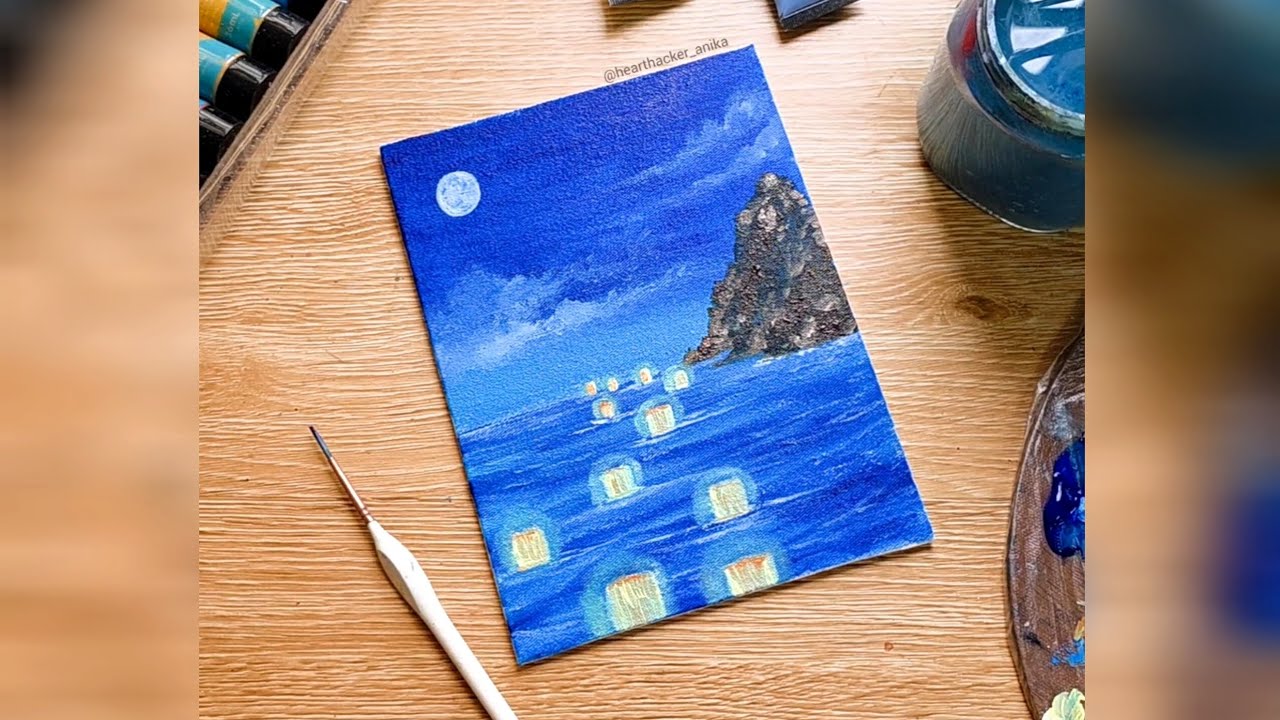 Beautiful Acrylic Lantern Painting/Canvas Painting For Beginners/Seascape Art/Nature Painting Ideas