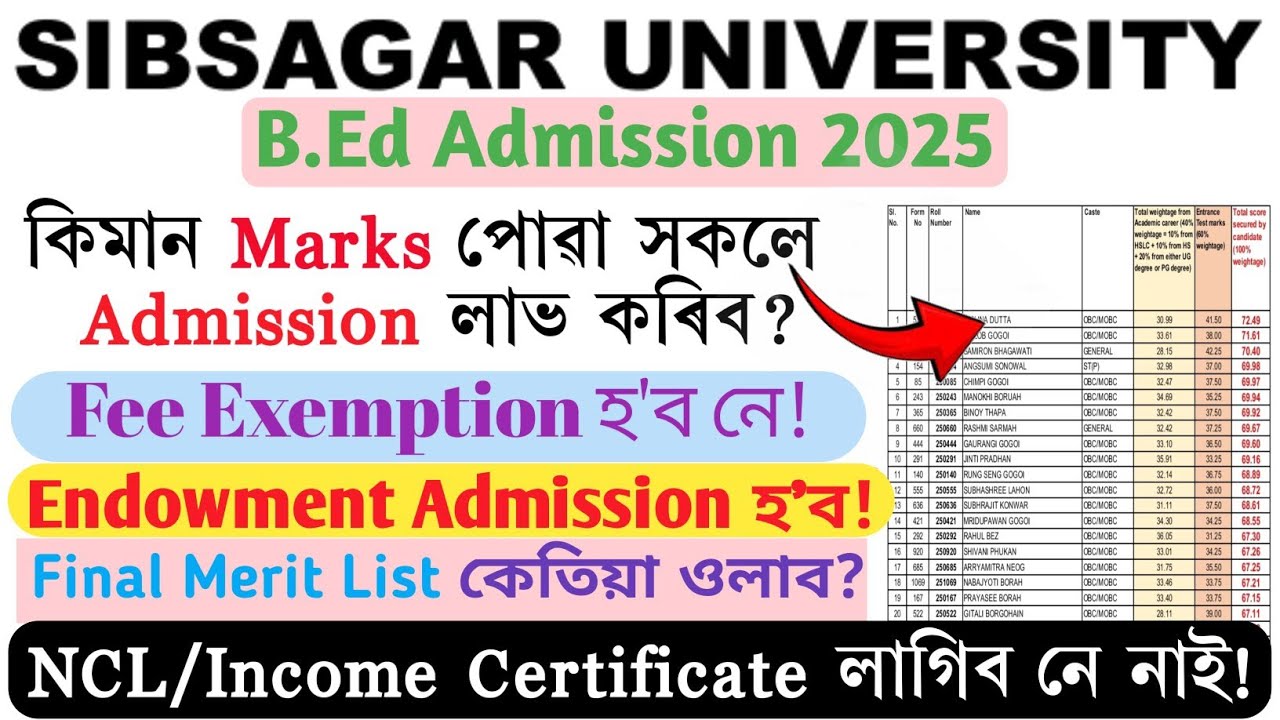 Sibsagar University B.Ed Admission 2025|কিমান Marks পোৱাসকলে Admission পাব?Fee Exemption/Endowment