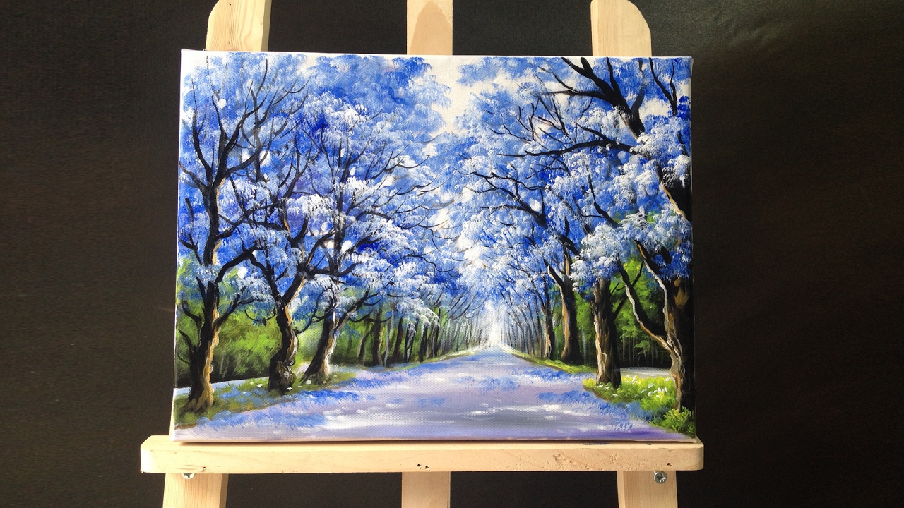 Pretty tree line road acrylic painting