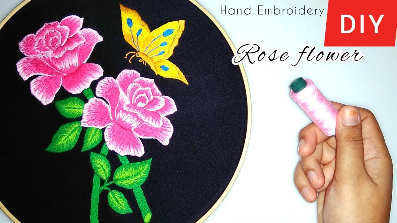 Hand embroidery rose flower, sulaman benang bunga mawar, bordado a mano flor rosa